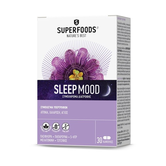 Superfoods Sleep Mood Συμπλήρωμα Διατροφής με Μελατονίνη που Συμβάλλει στη Μείωση της Αϋπνίας & του Άγχους 30caps