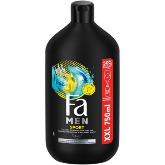 Fa Men Sport Body, Hair & Face Deep Clean Feel Shower Gel & Foam Bath 750ml