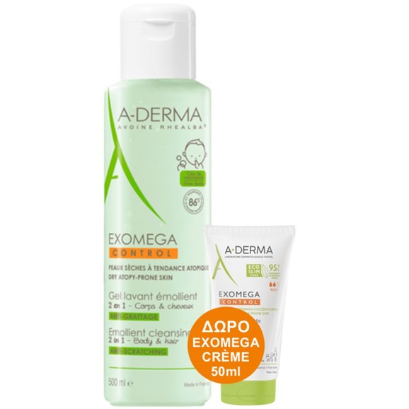 A-Derma Promo Exomega Control Anti-Scratching 2in1 Emollient Cleansing Gel 500ml & Δώρο Emollient Cream 50ml