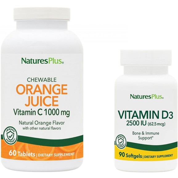 Δώρο Natures Plus Vitamin D-3 2500iu 90 Softgels ή Chewable Orange Juice Vitamin C 1000mg 60tabs σε Τυχαία Επιλογή