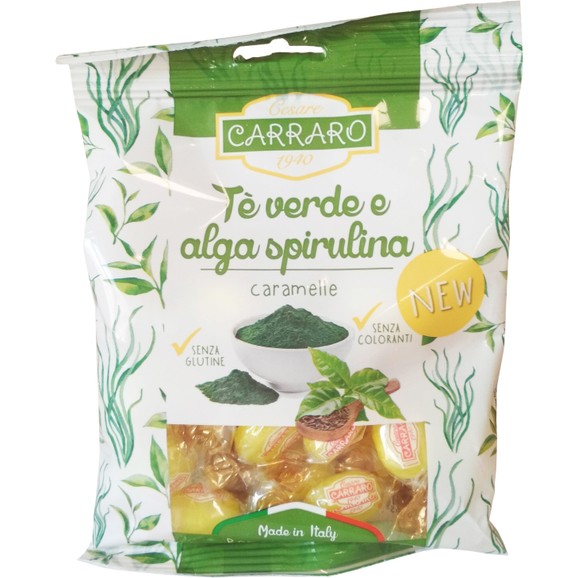 Carraro Caramelle Te Verde e Alga Spirulina Καραμέλες για το Λαιμό με Πράσινο Τσάι & Σπιρουλίνα 100gr