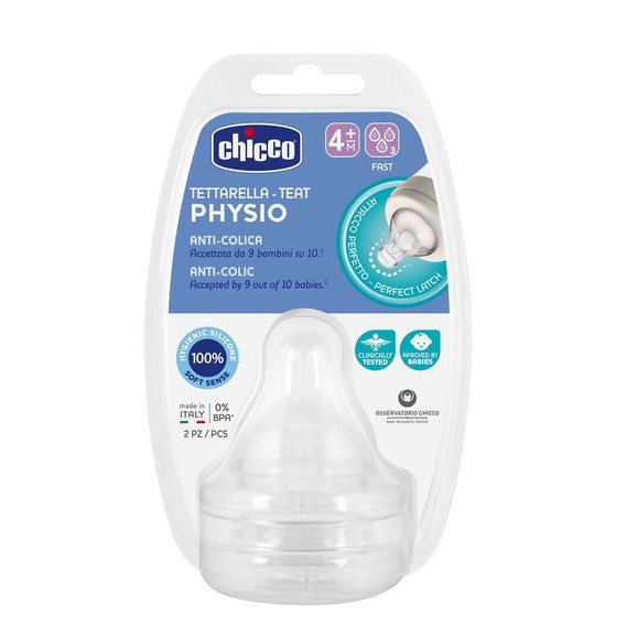 Chicco Physio Teat Anti-Colic Θηλή Σιλικόνης Γρήγορης Ροής 4m+, 2 τεμάχια