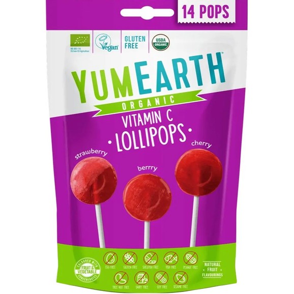 YumEarth Organic Vitamin C Strawberry, Berry & Cherry Lollipops 14 Τεμάχια