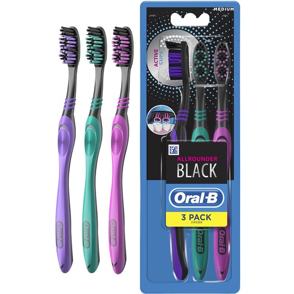 Oral-B Allrounder Black Medium Toothbrush 3 Τεμάχια - Ροζ - Μπλε - Μωβ
