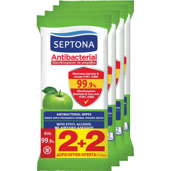 Septona Promo Antibacterial Wipes with Green Apple Fragrance 60 Τεμάχια (4x15 Τεμάχια)