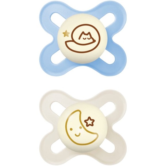 Mam Original Start Night Silicone Soother 0-2m, Κωδ 124SBc 2 Τεμάχια - Γαλάζιο / Κρεμ