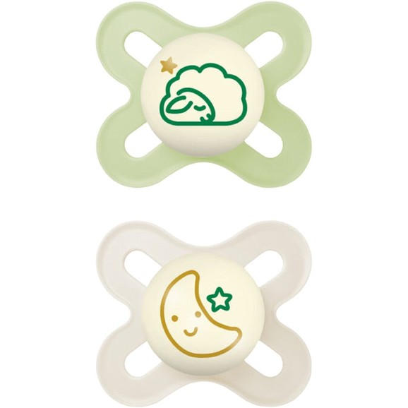 Mam Original Start Night Silicone Soother 0-2m, Κωδ 124SGc 2 Τεμάχια - Πράσινο / Κρεμ