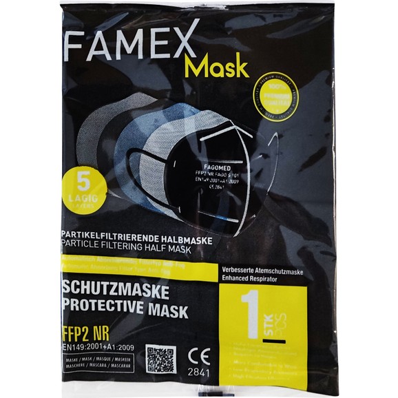 Famex Mask Μάσκα Προστασίας μιας Χρήσης FFP2 NR KN95 σε Μαύρο Χρώμα 1 Τεμάχιο