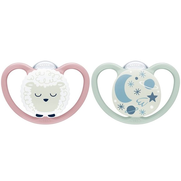 Nuk Space Night Silicone Soother 6-18m 2 Τεμάχια - Ροζ / Πράσινο