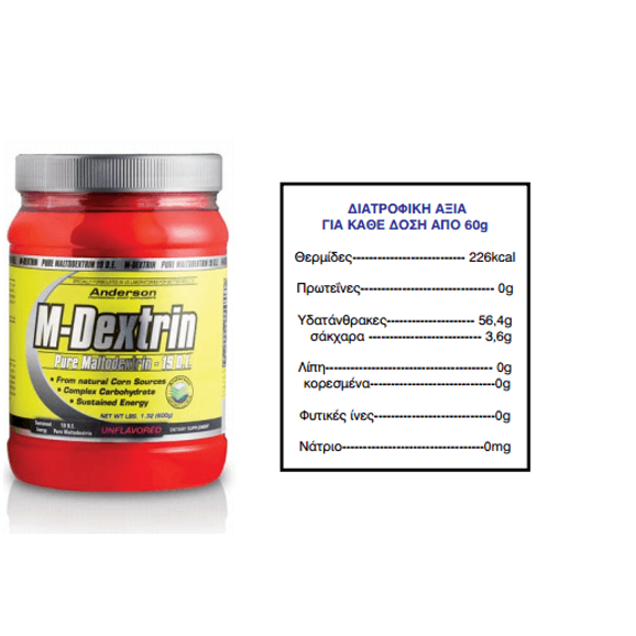 Anderson M-Dextrin Pure Maltodextrin Συμπλήρωμα Διατροφής Με Βάση Την Μαλτοδεξτρίνη 600g