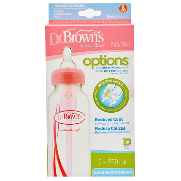 Dr. Brown\'s Natural Flow Options Μπιμπερό Πλαστικό Ροζ με Στενό Λαιμό Θηλή Σιλικόνης 250ml 0m+ 2Τμχ SB82405_82305