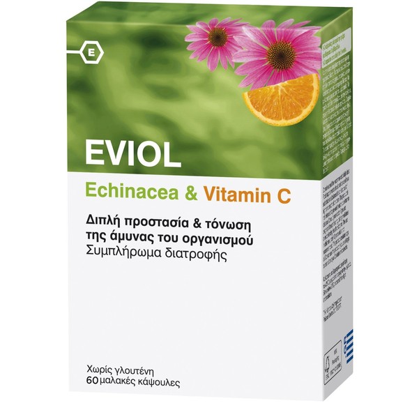 Eviol Echinacea & Vitamin C Συμπλήρωμα Διατροφής Διπλής Προστασίας & Τόνωσης της Άμυνας του Οργανισμού 60 Soft.Caps