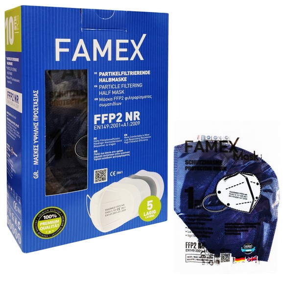 Famex Mask Μάσκες Προστασίας μιας Χρήσης FFP2 NR KN95 σε Μπλε Σκούρο Χρώμα 10 Τεμάχια