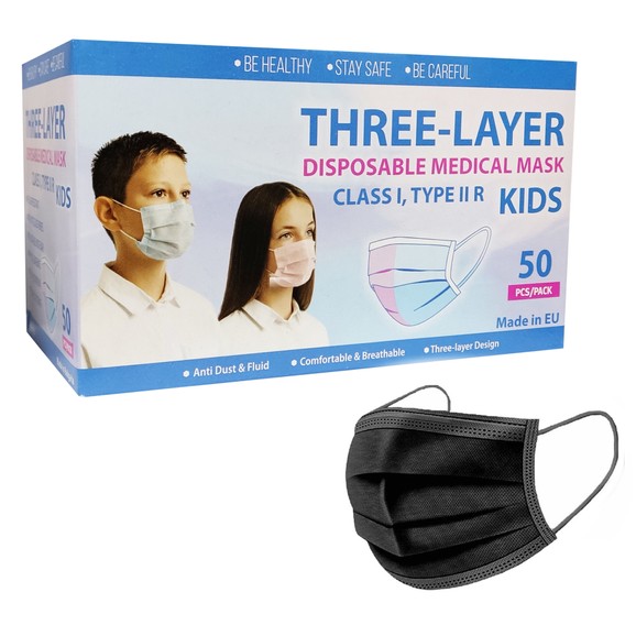 Kid\'s Three Layer Disposable Black Medical Mask, Class I, Type IIR, 5x10 Τεμάχια