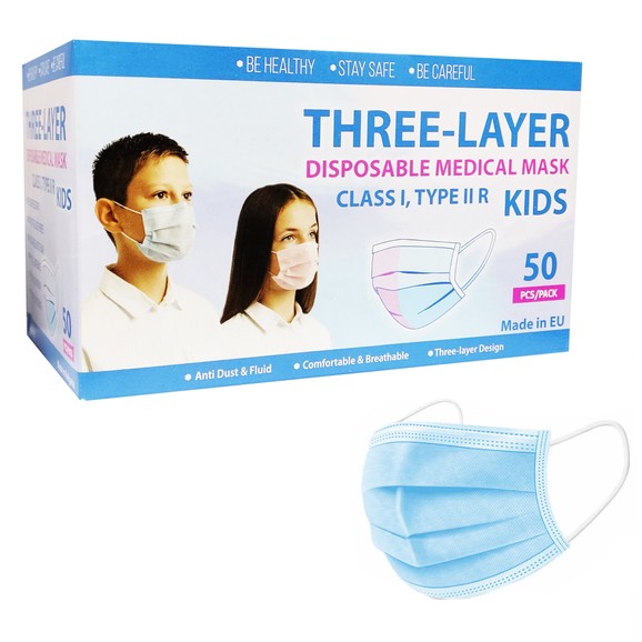 Kid\'s Three Layer Disposable Blue Medical Mask, Class I, Type IIR, 5x10 Τεμάχια
