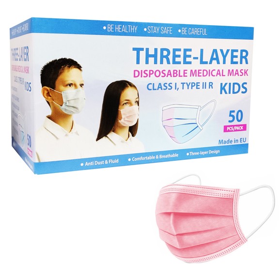 Kid\'s Three Layer Disposable Pink Medical Mask, Class I, Type IIR, 5x10 Τεμάχια