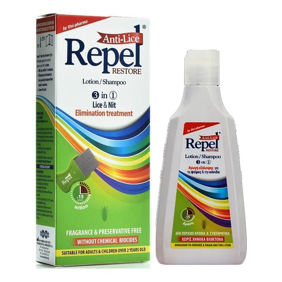 Uni-Pharma Repel Anti-Lice Restore Lotion/Shampoo, Αγωγή Εξάλειψης για Ψείρες & Κόνιδες, Περιλαμβάνεται Ειδικό Χτενάκι 200gr