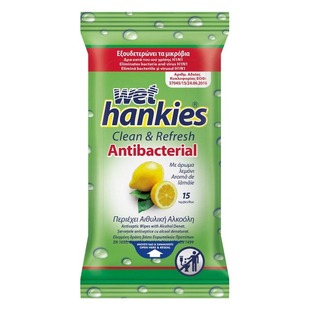 Wet Hankies Antibacterial Lemon Αλκοολούχα Αντιβακτηριδιακά Μαντήλια 15 Τεμάχια Wet Hankies Antibacterial Lemon Αλκοολούχα Αντιβακτηριδιακά Μαντήλια 15 Τεμάχια