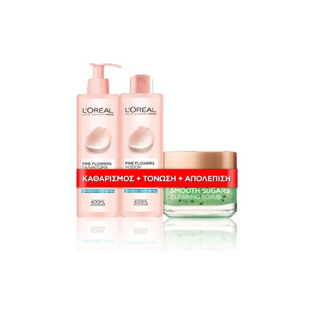 L\'oreal Paris Πακέτο Προσφοράς Fine Flowers Lait 400ml,Fine Flowers Tonic Lotion 400ml,Smooth Sugars Clearing Scrub 50ml L\'oreal Paris Πακέτο Προσφοράς Fine Flowers Lait 400ml,Fine Flowers Tonic Lotion 400ml,Smooth Sugars Clearing Scrub 50ml
