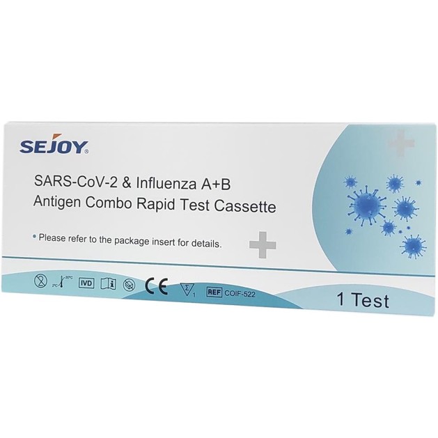 Sejoy SARS-CoV-2 & Influenza A + B Antigen Combo Rapid Self Test Cassette 1 Τεμάχιο Sejoy SARS-CoV-2 & Influenza A + B Antigen Combo Rapid Self Test Cassette 1 Τεμάχιο