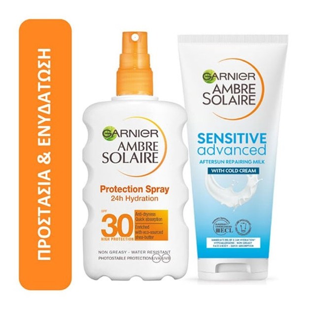Garnier Πακέτο Προστασίας Ambre Solaire Protection Spray 24h Hydration Spf30, 200ml & After Sun Soothing Milk 200ml Garnier Πακέτο Προστασίας Ambre Solaire Protection Spray 24h Hydration Spf30, 200ml & After Sun Soothing Milk 200ml