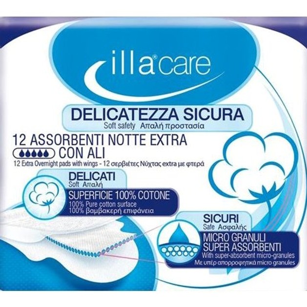 Illa Care Βαμβακερές Σερβιέτες Νύχτας Extra με Φτερά 12τμχ Illa Care Βαμβακερές Σερβιέτες Νύχτας Extra με Φτερά 12τμχ