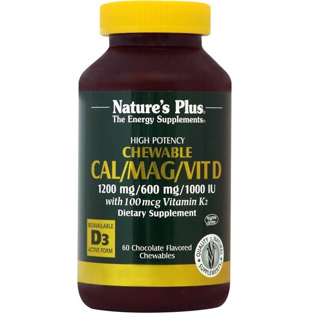 Nature\'s Plus CAL/MAG Vitamin D & Vitamin K2 Chocolate Συμπλήρωμα Διατροφής για την Υγεία των Οστών 60 Μασώμενες Ταμπλέτες Nature\'s Plus CAL/MAG Vitamin D & Vitamin K2 Chocolate Συμπλήρωμα Διατροφής για την Υγεία των Οστών 60 Μασώμενες Ταμπλέτες