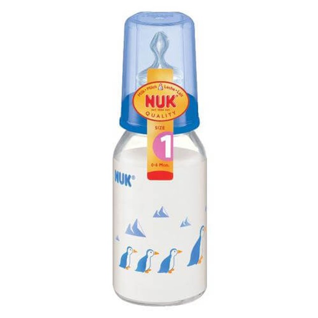 Nuk Classic Γυάλινο Μπιμπερό με Θηλή Σιλικόνης Μεγέθους 1 (0-6 Μηνών) Medium Οπή για Γάλα 125ml Nuk Classic Γυάλινο Μπιμπερό με Θηλή Σιλικόνης Μεγέθους 1 (0-6 Μηνών) Medium Οπή για Γάλα 125ml