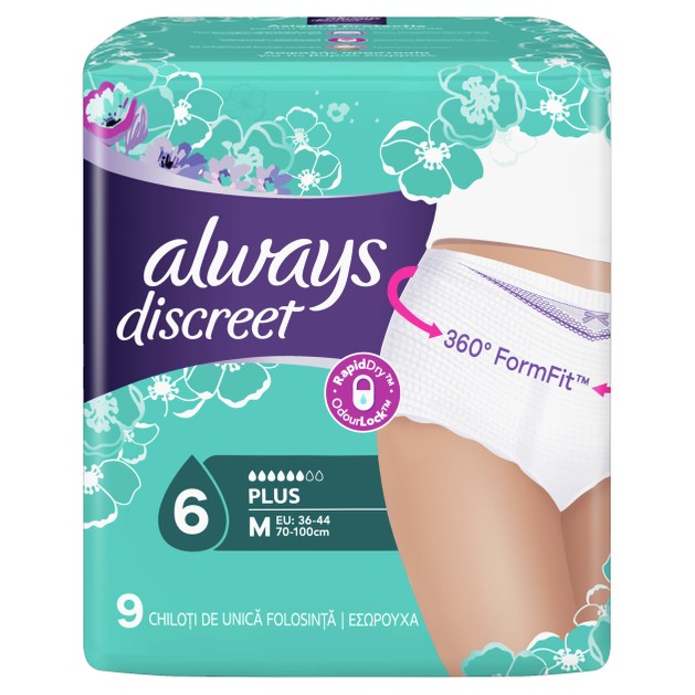Always Discreet Pants Plus Medium Υπεραπορροφητικό Εσώρουχο Ακράτειας, Απορροφά Ακόμα & τις Βαρύτερες Διαρροές 9 Τεμάχια Always Discreet Pants Plus Medium Υπεραπορροφητικό Εσώρουχο Ακράτειας, Απορροφά Ακόμα & τις Βαρύτερες Διαρροές 9 Τεμάχια
