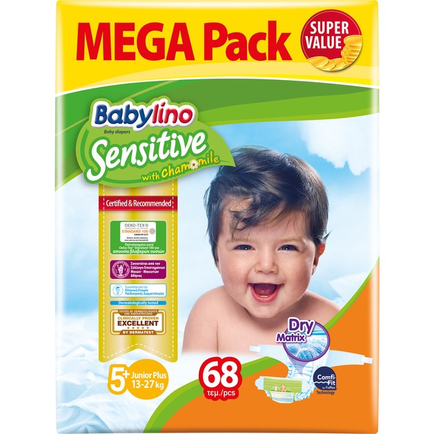 Babylino Sensitive Mega Pack Junior Plus Νο5+ (13-27kg) Παιδικές Πάνες 68 τεμάχια Babylino Sensitive Mega Pack Junior Plus Νο5+ (13-27kg) Παιδικές Πάνες 68 τεμάχια