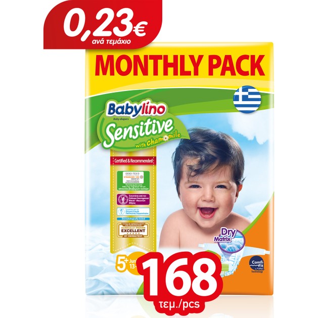 Babylino Sensitive Monthly Pack Junior Plus Νο5+ (13-27kg) Παιδικές Πάνες 168 τεμάχια Babylino Sensitive Monthly Pack Junior Plus Νο5+ (13-27kg) Παιδικές Πάνες 168 τεμάχια