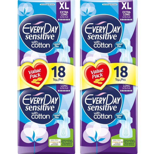 Every Day Πακέτο Προσφοράς Sensitive Extra Long XL Value Pack Σερβιέτες Ιδανικές για Μεγάλη Ροή 2x18 Τεμάχια 1+1 Δώρο Every Day Πακέτο Προσφοράς Sensitive Extra Long XL Value Pack Σερβιέτες Ιδανικές για Μεγάλη Ροή 2x18 Τεμάχια 1+1 Δώρο