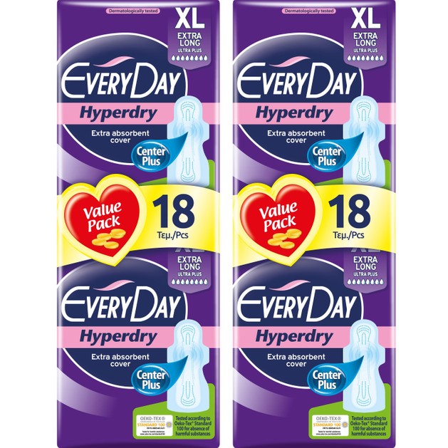 Every Day Πακέτο Προσφοράς Hyperdry Extra Long XL Value Pack Σερβιέτες Ιδανικές για Μεγάλη Ροή 2x18 Τεμάχια 1+1 Δώρο Every Day Πακέτο Προσφοράς Hyperdry Extra Long XL Value Pack Σερβιέτες Ιδανικές για Μεγάλη Ροή 2x18 Τεμάχια 1+1 Δώρο
