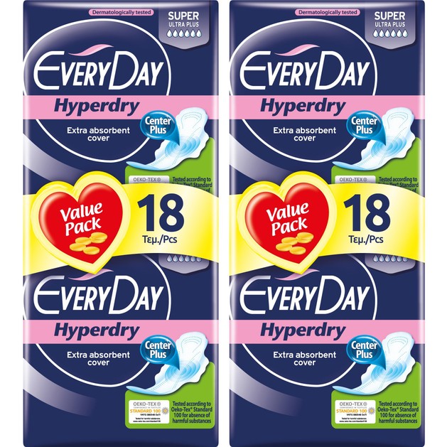 Every Day Πακέτο Προσφοράς Hyperdry Super Ultra Plus Value Pack Σερβιέτες Ιδανικές για Πολύ Μεγάλη Ροή 2x18 Τεμάχια 1+1 Δώρο Every Day Πακέτο Προσφοράς Hyperdry Super Ultra Plus Value Pack Σερβιέτες Ιδανικές για Πολύ Μεγάλη Ροή 2x18 Τεμάχια 1+1 Δώρο