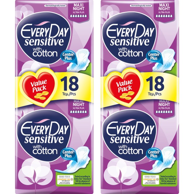 Every Day Πακέτο Προσφοράς Sensitive Maxi Night Ultra Plus Value Pack Σερβιέτες Ιδανικές για τη Νύχτα 2x18 Τεμάχια 1+1 Δώρο Every Day Πακέτο Προσφοράς Sensitive Maxi Night Ultra Plus Value Pack Σερβιέτες Ιδανικές για τη Νύχτα 2x18 Τεμάχια 1+1 Δώρο