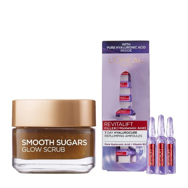 L\'oreal Paris Promo Smooth Sugars Glow Scrub 50ml & Revitalift Filler 7 Day Cure 7 amps L\'oreal Paris Promo Smooth Sugars Glow Scrub 50ml & Revitalift Filler 7 Day Cure 7 amps
