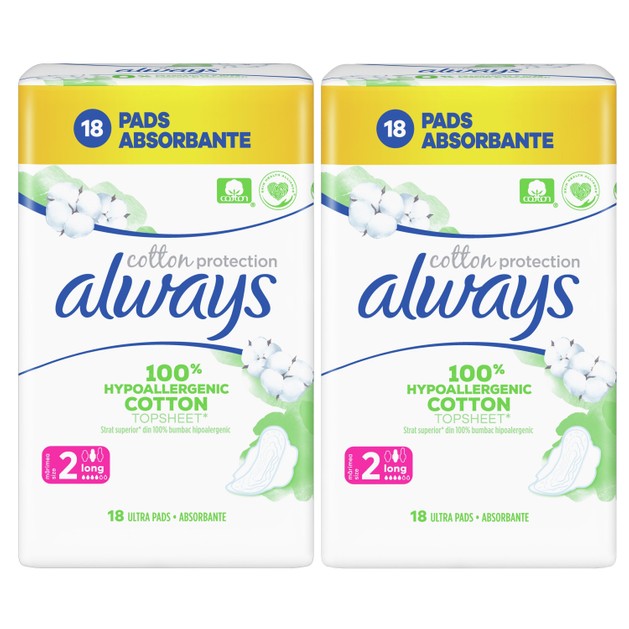 Always Πακέτο Προσφοράς Cotton Protection Long Σερβιέτες με Φτερά & Κάλυμμα από 100% Οργανικό Βαμβάκι, Μεγάλη Ροή 2x18 Pads Always Πακέτο Προσφοράς Cotton Protection Long Σερβιέτες με Φτερά & Κάλυμμα από 100% Οργανικό Βαμβάκι, Μεγάλη Ροή 2x18 Pads