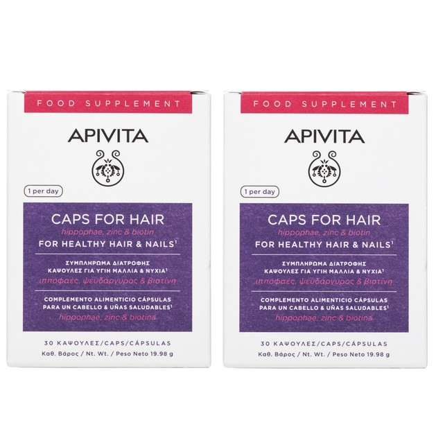 Apivita Πακέτο Προσφοράς Caps for Hair Συμπλήρωμα Διατροφής,Υγιή Μαλλιά & Νύχια με Ιπποφαές,Ψευδάργυρο,Βιοτίνη 2x30caps Apivita Πακέτο Προσφοράς Caps for Hair Συμπλήρωμα Διατροφής,Υγιή Μαλλιά & Νύχια με Ιπποφαές,Ψευδάργυρο,Βιοτίνη 2x30caps