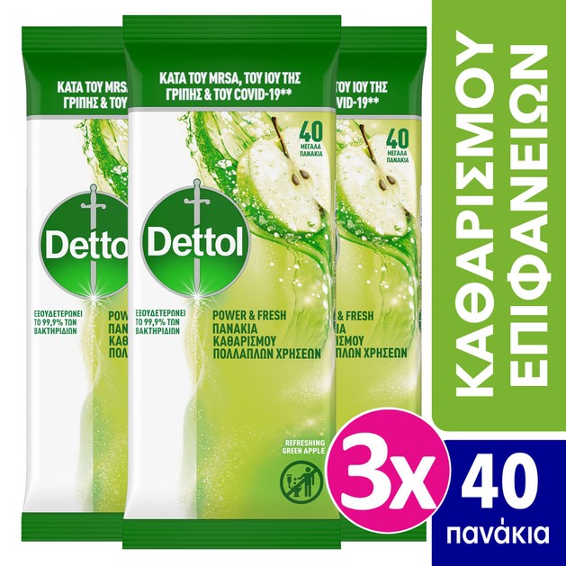 Dettol Πακέτο Προσφοράς Surface Clean Wipes Υγρά Πανάκια Καθαρισμού με Άρωμα Πράσινο Μήλο για Όλες τις Επιφάνειες 3x40 Τεμάχια Dettol Πακέτο Προσφοράς Surface Clean Wipes Υγρά Πανάκια Καθαρισμού με Άρωμα Πράσινο Μήλο για Όλες τις Επιφάνειες 3x40 Τεμάχια