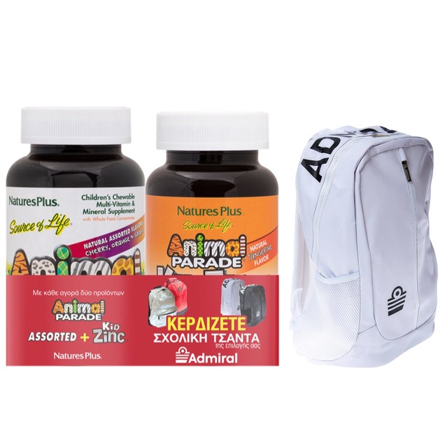 Natures Plus Πακέτο Προσφοράς Animal Parade Assorted Cherry Orange Grape Flavor 90tabs & KidZinc Lozenges Tangerine Flavour 90 Παστίλιες & Δώρο Admiral Σακίδιο Λευκό - Μαύρο Natures Plus Πακέτο Προσφοράς Animal Parade Assorted Cherry Orange Grape Flavor 90tabs & KidZinc Lozenges Tangerine Flavour 90 Παστίλιες & Δώρο Admiral Σακίδιο Λευκό - Μαύρο