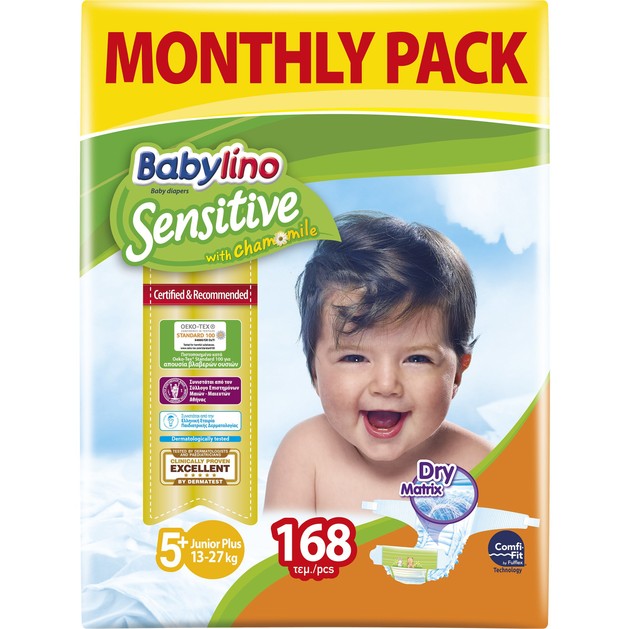 Babylino Sensitive Monthly Pack Junior Plus Νο5+ (13-27kg) Παιδικές Πάνες 168 τεμάχια Babylino Sensitive Monthly Pack Junior Plus Νο5+ (13-27kg) Παιδικές Πάνες 168 τεμάχια