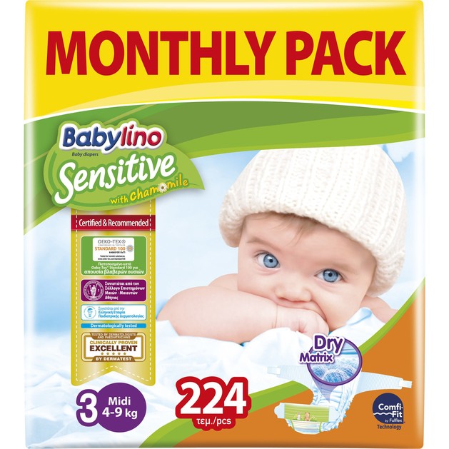 Babylino Sensitive Monthly Pack Midi Νο3 (4-9kg) Βρεφικές Πάνες 224 τεμάχια Babylino Sensitive Monthly Pack Midi Νο3 (4-9kg) Βρεφικές Πάνες 224 τεμάχια