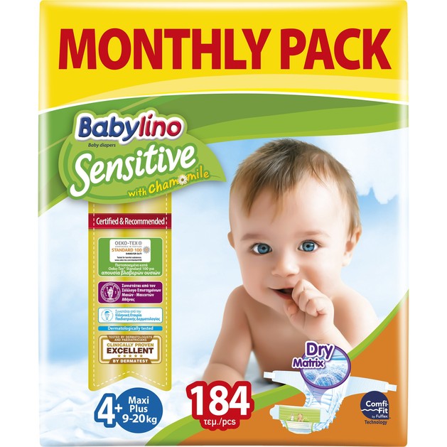 Babylino Sensitive Monthly Pack Maxi Plus Νο4+ (9-20kg) Βρεφικές Πάνες 184 τεμάχια Babylino Sensitive Monthly Pack Maxi Plus Νο4+ (9-20kg) Βρεφικές Πάνες 184 τεμάχια
