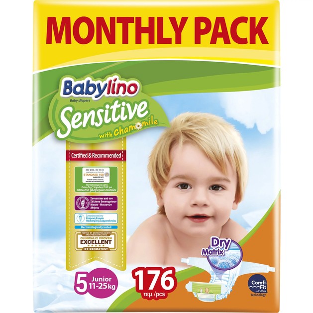 Babylino Sensitive Monthly Pack Junior Νο5 (11-25kg) Παιδικές Πάνες 176 τεμάχια Babylino Sensitive Monthly Pack Junior Νο5 (11-25kg) Παιδικές Πάνες 176 τεμάχια