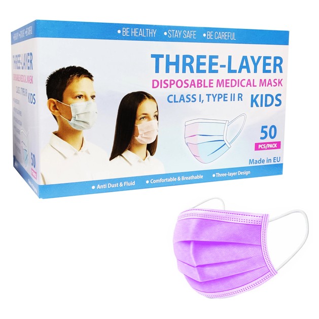 Kid\'s Three Layer Disposable Purple Medical Mask, Class I, Type IIR, 5x10 Τεμάχια Kid\'s Three Layer Disposable Purple Medical Mask, Class I, Type IIR, 5x10 Τεμάχια