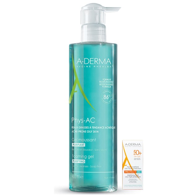 A-Derma Phys-AC Gel Moussant Purifiant Εξυγιαντικό Αφρίζον Gel Καθαρισμού Προσώπου 400ml & Δώρο Protect AC Fluide Spf50+, 5ml A-Derma Phys-AC Gel Moussant Purifiant Εξυγιαντικό Αφρίζον Gel Καθαρισμού Προσώπου 400ml & Δώρο Protect AC Fluide Spf50+, 5ml