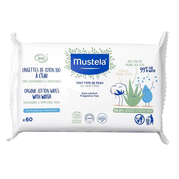 Mustela Organic Cotton Wipes with Water 60 Τεμάχια (1x60 Τεμάχια) Mustela Organic Cotton Wipes with Water 60 Τεμάχια (1x60 Τεμάχια)