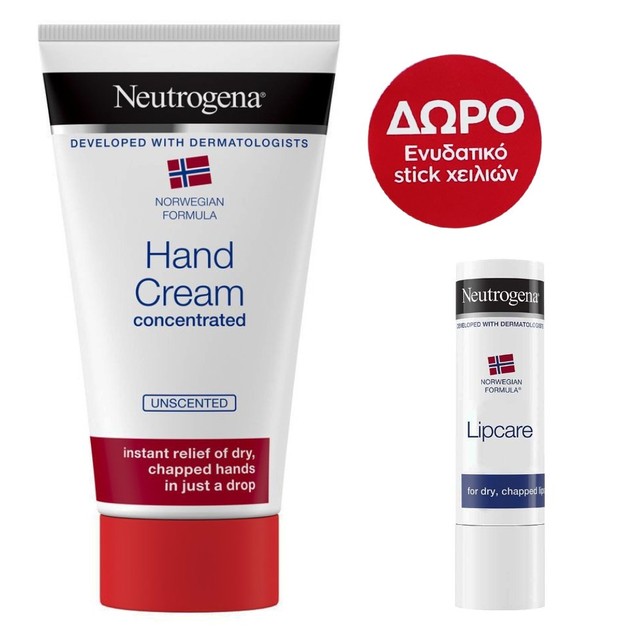 Neutrogena Πακέτο Προσφοράς Hand Cream Concentrated Unscented 75ml & Δώρο Neutrogena Lip Care Stick 4.8gr Neutrogena Πακέτο Προσφοράς Hand Cream Concentrated Unscented 75ml & Δώρο Neutrogena Lip Care Stick 4.8gr