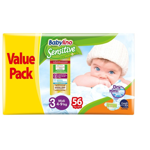 Babylino Sensitive Value Pack Midi No3 (4-9kg) Βρεφικές Πάνες 56 τεμάχια Babylino Sensitive Value Pack Midi No3 (4-9kg) Βρεφικές Πάνες 56 τεμάχια