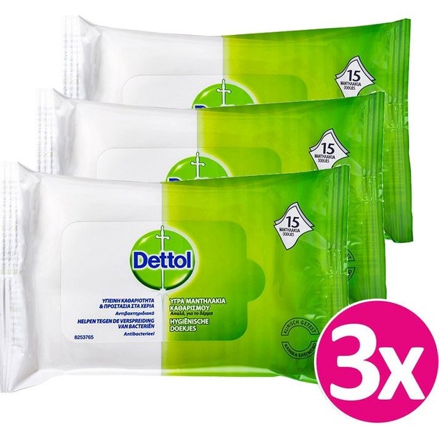 Dettol Πακέτο Προσφοράς Υγρά Αντιβακτηριδιακά Μαντηλάκια Καθαρισμού Χεριών 3x15 Τεμάχια Dettol Πακέτο Προσφοράς Υγρά Αντιβακτηριδιακά Μαντηλάκια Καθαρισμού Χεριών 3x15 Τεμάχια